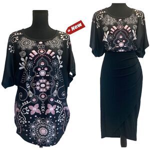 𝅺BLACK pink short sleeve printed top blouse Sz S NWT